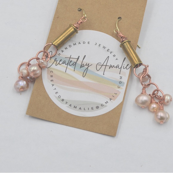 Handmade Pearl and Copper Earrings 14k GP- Unique Statement Piece - Picture 6 of 6